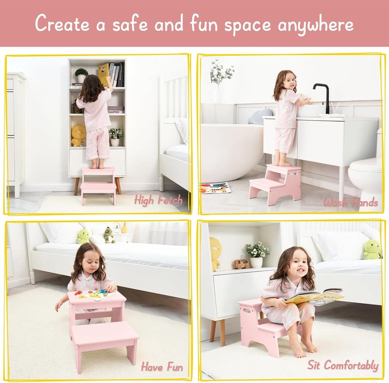 Forbena Pink Girls Toddler Step Stool for Bathroom Sink, Princess Toddler Two Step Stool for Toilet Potty Training, Baby Child Kids Stepping Stool with Handles for Bedroom Classroom Kitchen (Pink) - Image 5
